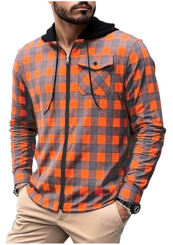 Genérico Camisa de Cuadros para Hombre, con Capucha, Cremallera Completa, Manga Larga, Bolsillo con Botones, Estilo Casual y Moderno