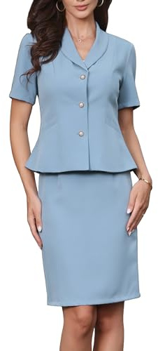 Allegra K Conjuntos de Traje y Falda de 2 Piezas para Mujer con Blazer de Manga Corta y Falda Lápiz para Oficina Formal e Informal Azul M