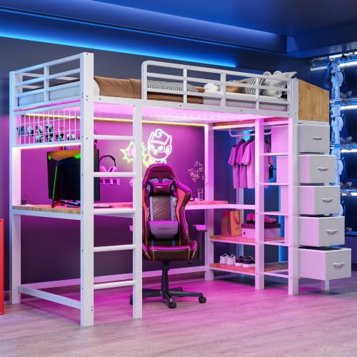 Letenbin Lit Mezzanine 1 Place avec Bureau et LED, Lit en Hauteur avec Rangement, Cadre De Lit 90x200 cm en Métal avec Prises USB Type-C et Penderie, pour Chambre Étudiant et Petit Espace, Blanc