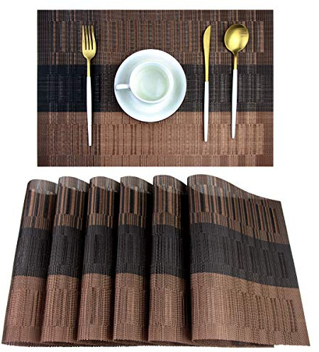 PIGCHCY Placemats,Washable Vinyl Woven Table Mats,Elegant Durable Placemats for Dining Table Set of 6 (Bamboo-Brown)