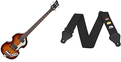 Rocktile VB-1 Sir Paul Vintage Beatbass (Violinbass, Bassgitarre, Hollowbody, 2 Humbucker) sunburst & Tiger Gitarrengurt mit Plektronhalter, Schwarz