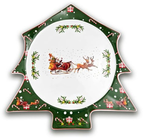 ARCA, Piatto da Portata in Porcellana, con Decorazione Natalizia Slitta, Resistente e Duraturo, Ideale per la Tavola, Idea Regalo di Natale, 34x34 cm