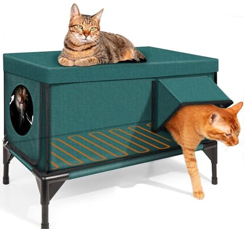 Elevated Base Heated Cat House, Insulated Outdoor Cat Shelter with Two Exits, Cat House for Outside Winter with Safe Escape Door & Magnetic Lock, Weatherproof, for Feral Barn Cat M(53 * 33 * 30cm)