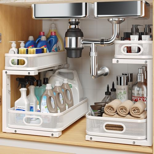Biboraya 2 Pack Under Sink Organizer With Smooth Cylindrical Rail,2-Tier Pull Out Multi-Purpose Cabinet Storage for Bathroom&Kitchen,Height Adjustable,Rust-resistant Coating-White