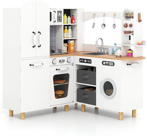 COSTWAY Kids Play Kitchen, Wooden Corner Pretend Toy Kitchen with Double-Door Fridge, Coffee Maker, Washer, Fabric Bins & 12 Accessories, Children's Chef Role Play Set for Boys Girls (White)