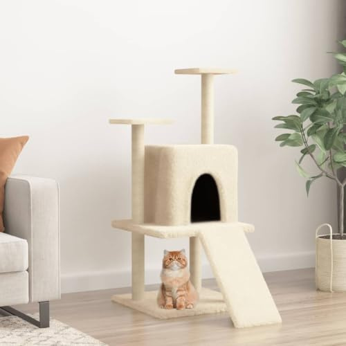Mangloder Arbre à chat avec colonnes en sisal Crème 110 cm Meubles à gratter avec maison pour chat, arbre d'escalade, tour de jeu, grotte en peluche, surfaces de couchage pour escalade, griffer, jouer