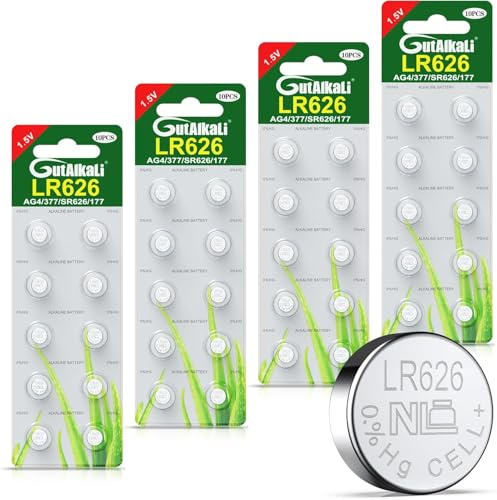 GutAlkaLi 40 Stück SR626SW Uhrenbatterie - AG4，LR626，SR626，SR626W,LR66，SR66，377，V377，V376 Knopfzelle Batterien - 1.5V Alkaline