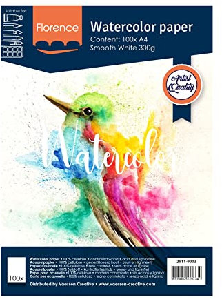 Florence 2911-9003 Glattes Aquarellpapier, Weiß, 300 Gramm/m², 100 Stück, DIN A4, für Aquarellmalerei, Handlettering, Brush Lettering und andere Papierbasteleien, Papier