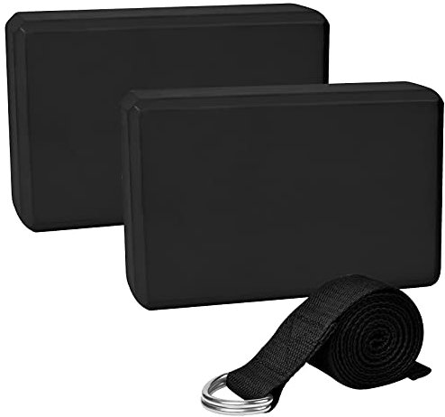 Chstarina Yoga Block 2Er Set mit 1.8 M Baumwoll Gurt, Eva Schaumstoff Hartschaum Set, Klotz und Gurt, Fitness Zubehör Hilfmittel für Yoga und Pilates (Schwarz)