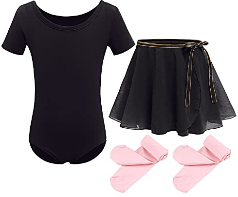 Kinder Mädchen Ballettkleidung Baumwolle Kurzarm Balletttrikot Turnanzug Tanzbody + Chiffon Wickelrock Tütü Rock Tanzkleid + Strumpfhose 3tlg Ballettanzug Schwarz 4-5 Jahre
