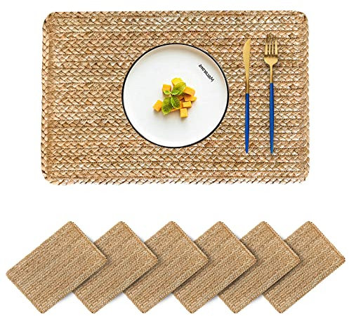 CY SISTERS Woven Placemats Set of 6 Rattan Placemats Rectangle Natural Placemats Wicker Heavy Braided Straw Placemat Farmhouse Square Plates Place mats for Indoor/Outdoor Patio Table 17.7'' X 11.8''