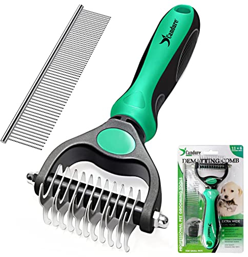 Candure Brosse Chien et Chat Professionnel Brosse Chien Poil Long Toilettage du Chien Râteau Dents à Double Face 11+6 Élimine Les Nœuds, Les Tapis et Les Cheveux Emmêlé (Verde)