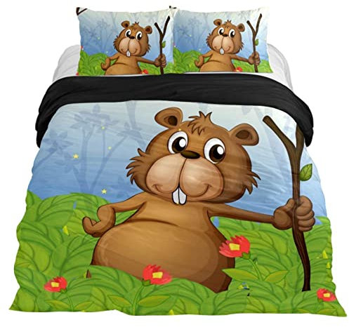 NDXRWDZR Double Duvet Cover Set Yellow Beaver Duvet Cover with Zipper Closure Bedding for Aldults Kids Soft Breathable Hypoallergenic Microfiber Quilt Cover 200x200 cm + 2 Pillowcases 50x75 cm