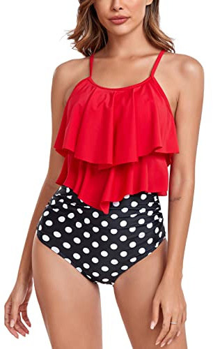 FLYILY Two Pieces Swimsuit for Women Double Level Ruffled Flounce Top with High Waisted Bottom Bikini Set Tummy Control Swimwear Bathing Suits(4-Red,M)
