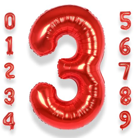 Red Giant Number 3 Balloons: Large Foil Helium Balloon 40 Inch Big Number Balloons Age 0-9 Mylar Balloon for Kids Girl Women 3th Birthday Party Baby Shower Anniversary Decorations