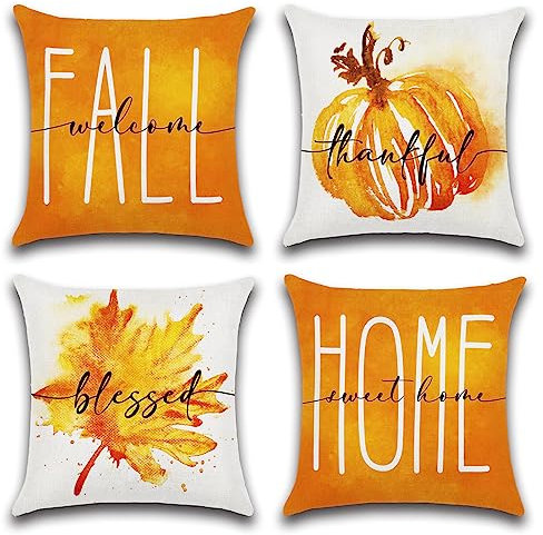 Ohok 4er Set Dekorativ Kissenbezug 45x45 cm, Herbst Serie Polyester Leinen Zierkissenbezüge mit Verstecktem Reißverschluss, Dekor Kissenhülle Set für Schlafzimmer Wohnzimmer Sofa Couch Auto (Stil L)