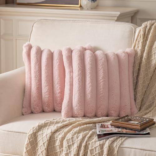 Yaertun 2er Set gestreifte Kissenbezug 50x50cm Rosa dekorative Kissenbezüge Sofakissen Dekokissen Wurfkissenbezug zierkissenbezug plüsch Kunstfell Kissenhülle Schlafzimmer Wohnzimmer