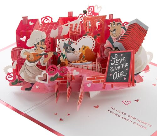 Hallmark Valentines Card, 3D & Pop Up Lady and the Tramp Design, Disney, Valentines Day Card, Pink, Red