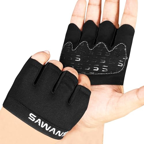 SAWANS Gym Gloves Men Women Weight Lifting Training Fitness Padded Extra Grip Palm Protection Silicone Non-slip Breathable Four Finger Workout Gloves Hanging Pull ups Exercise (Black, M)