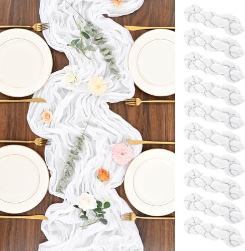 Lot de 10 chemins de Table Blancs en étamine, 90 x 180 cm de Long, Style bohème, Chemin de Table en Gaze pour fête d'anniversaire, Festival, décoration de Mariage (Blanc)