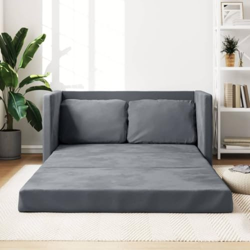 Keyroto Divano Letto 2 Posti Una Piazza e Mezza Convertibile Da Terra 2 in 1 - Velluto Grigio Scuro - 122x204x55 cm