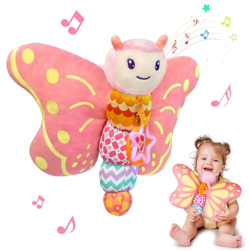 Giocattoli per bambini 0-6 mesi, animale di peluche sensoriale musicale con sonaglio, sonaglio, ali increspate, massaggiagengive e anello da appendere, giocattolo per la pancia per neonati 0-3-6-12