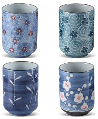 Xnqelerate Taza de té japonesa de cerámica, 320 ml, juego de 4 tazas de té chinas, tazas de té asiáticas sin asa, tazas de porcelana china para café, sake té, flor bonito diseño