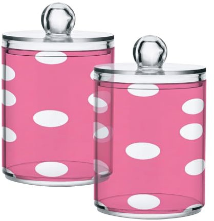 JUMBEAR Paquete de 2 bonitos soportes para almohadillas de algodón acrílico con lunares Qtip, frasco de boticario, soporte de bolas de algodón de plástico, soporte para almohadillas de hisopo de