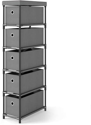 GIANTEX Nischenregal 19 cm breit mit 5 Stoff-Schubladen, Nischenschrank schmaler Kommode, Schubladenturm Aufbewahrungsturm mit Metallrahmen & Holzplatte, Regalsystem Schubladenbox 19x40x100 cm (Grau)