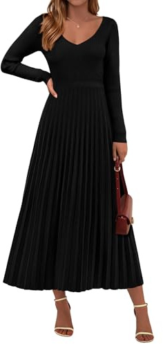 PRETTYGARDEN Women Sweater Dress Fall Fashion 2026 Long Sleeve V Neck Ribbed Knit Pleated A Line Elegant Maxi Winter Dresses (Black,Large)