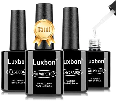 Luxbon 4 st 15ml No Wipe Gel Top Coat och Base Coat Nail Primer Dehydrator Set - Långvarig, glansig finish, UV LED nagellampa Soak Off Gel Base Top Coat Manikyr | Långvarig, glansig finish, UV LED soak off gel bas topplack manikyr