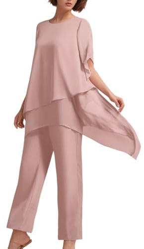 Goolecrimp Completo da sera da Donna in chiffon da 2 pezzi per la madre della sposa elegante camicia in chiffon e pantaloni a vita alta due pezzi taglie forti (Rosa,M)