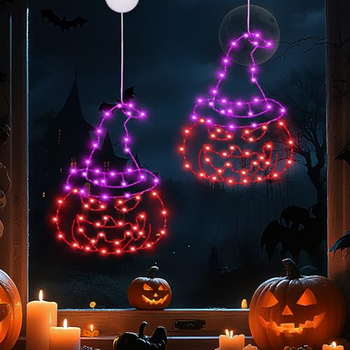 Halloween Deko Fenster Licht, 2 Stück LED Lichterkette Kürbis Fensterlichter mit Saugnapf, Timer-Funktion & Batteriebetrieben, Halloween deko Für Innen & Draußen, Zuhause Party (D)