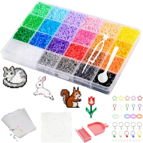 Fuse Beads 12000PCS Perler Beads, Iron Bead for Kids 2.6mm 24 Colors, Includes Five Iron-on Transfer Sheets（Without Iron）, Keychain Set, and Tools, DIY Creative Handmade Crafts