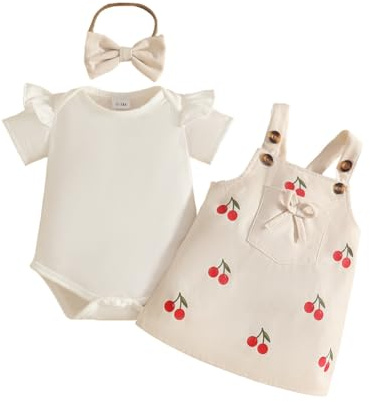 JENJON Neonata Bambina Gonne Set Estivi Manica Corta Scollo Rotondo Maglietta Top + Ricamo a Fiocco/Floreale Gonna con Bretelle Abiti 2Pcs Completo Estivo Ciliegia Beige 3-6 Mesi