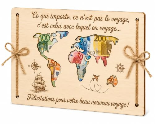 Carte Mariage Félicitation En Bois Avec Porte Billets Voyage, Carte Mariage Monde Pour Couple Mariés, Cadeau Argent Avec Boîte Kraft Et Ficelle Jute, Souvenir Lune De Miel Fiançailles