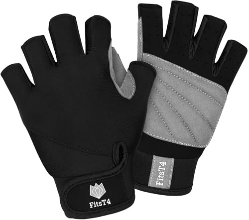 FitsT4 Sports Half Finger Padded Palm Gloves for Diving, Sailing, Jet Skiing, Stand-UP Boarding, Kayaking and Water Skiing, Suitable for Men&Women&Youth Black L