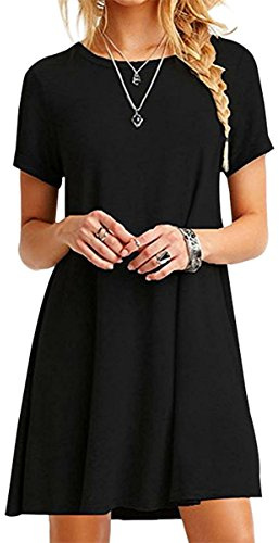 YMING Femme Robe Manches Courtes Robe T-Shirt Robe Col Rond Noir XXL/FR 44-46