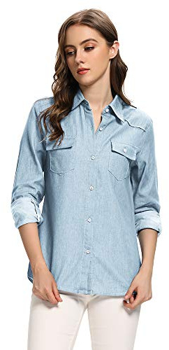 Aeslech Women's Chambray Button Down Shirt Long Sleeve Cotton Blouse Lightweight Denim Tops Light Blue M