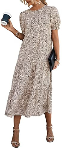PRETTYGARDEN Summer Dresses for Women 2026 Casual Floral Boho Midi Sun Dress Puff Short Sleeve Flowy Beach Vacation Sundress (Apricot,Medium)