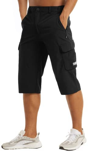 MAGCOMSEN Cargo Trouser Mens Long Shorts Quick Dry 3/4 Length Pants Knee Length 3 Quarter Shorts Black, 34