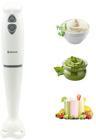 BEHOME Batidora de Mano, 250 W Acero Inoxidable y 2 Velocidades Variables, Varilla Mezcladora para Sopa, Batidos, Salsa, Puré (Blanca)