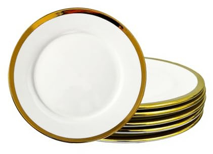Loymokinar Platos llanos, juego de 6, 8 pulgadas, porcelana blanca con borde dorado, platos de aperitivos, platos redondos de cerámica para servir pan, ensalada, aperitivos y alimentos, elegantes