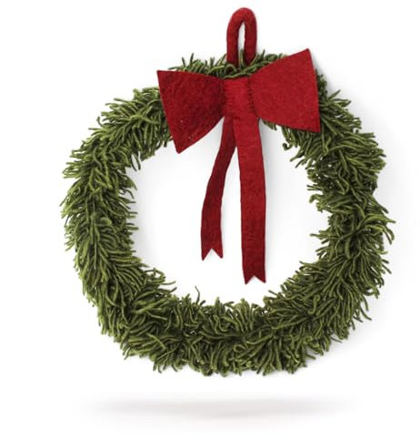 Én Gry & Sif klassischer Weihnachtskranz mit roter Schleife I Hand-Made & fair-Trade Kranz aus Filz, skandinavische Deko für Herbst Winter Weihnachten I Türkranz dunkelgrün mit roter Schleife, ⌀30cm
