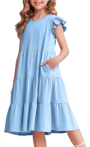 Arshiner Niñas Vestido de Verano con Mangas de Volantes Vestido Infantil de Algodón Vestido de Ocio con Escote Redondo Mangas Cortas Swing Vestidos de Fiesta para Niñas 4-14 Años