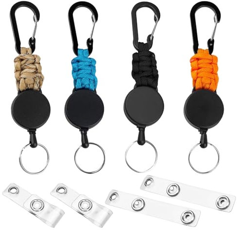 Luckwaii Llavero Extensible Retractil, 4 Cordón Extensible JoJo con Cuerda de Acero Extensible de 65cm, Mosquetón Llaveros Extensibles Retráctil para Soporte Tarjeta ID (Negro, Beige, Azul, Naranja)
