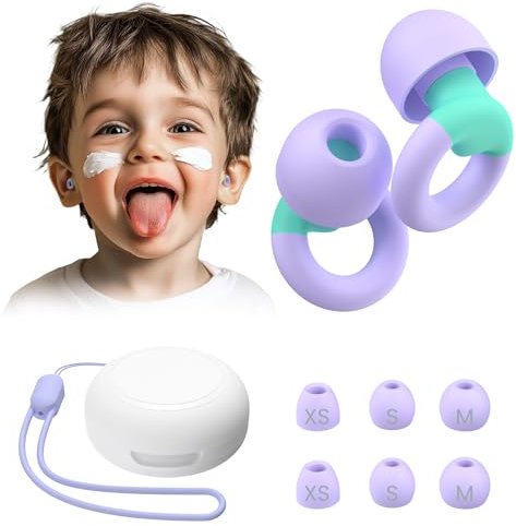 JUSTRVN Kids Ear Plugs(6+yrs)-2 Pairs of Reusable Noise Reduction Earplugs for Small Canal With 6 Tips,Soft Silicone Earplugs for Sleeping,Focus,Travel,Socializing,Concert&Hearing Protection 25dB-30dB