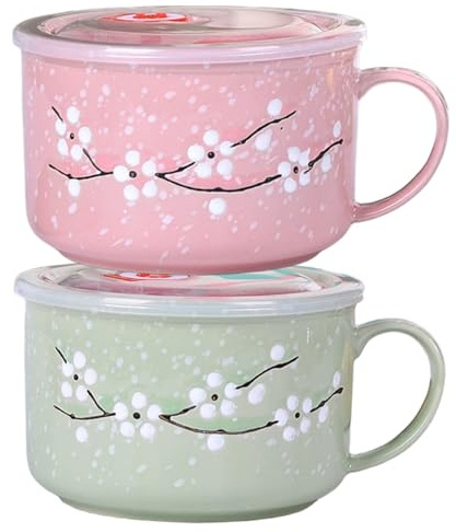 2pcs Bols à soupe avec poignées, 800 ml / 28 oz tasse de soupe à micro-ondes résistante la chaleur avec couvercle floral tasse de voyage en céramique pour ramen, nouilles, bouillie |.Bols céréal