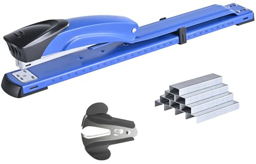Long Reach Stapler, with 2000 Staples & Stapler Remover Full Strip, 20-25 Sheet Capacity, with Built-in Ruler and Adjustable Locking Paper Guide, Blue