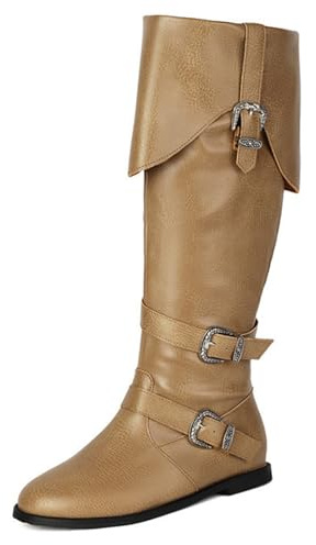 Qynthra Stivali da Equitazione Donna Alti in Pelle Sintetica Stile Western Fibbia Decorativa Tacco Piatto Moda Strada Comoda,Cachi,37 EU